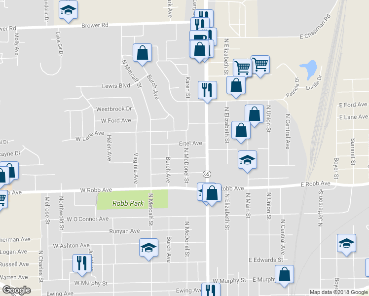 map of restaurants, bars, coffee shops, grocery stores, and more near 401 Ertel Avenue in Lima