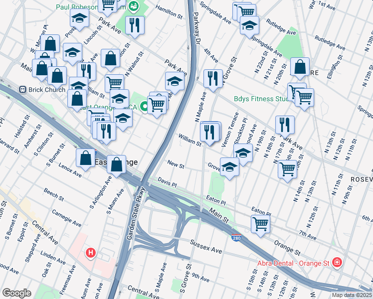map of restaurants, bars, coffee shops, grocery stores, and more near 121 North Maple Avenue in East Orange