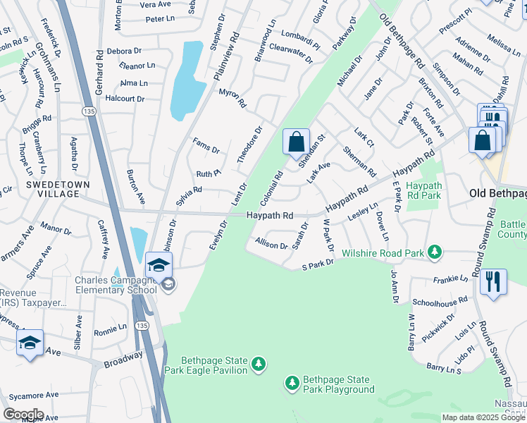 map of restaurants, bars, coffee shops, grocery stores, and more near 17 Lent Drive in Plainview