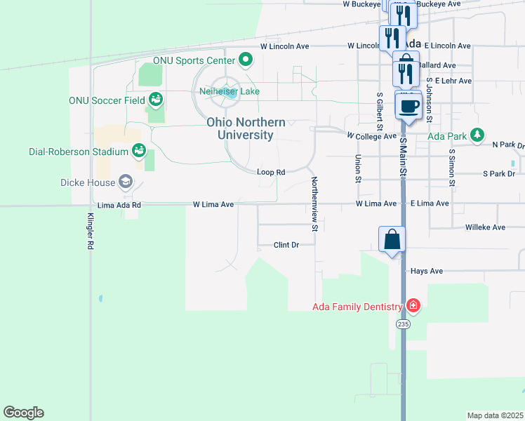 map of restaurants, bars, coffee shops, grocery stores, and more near The Green Monster in Ada