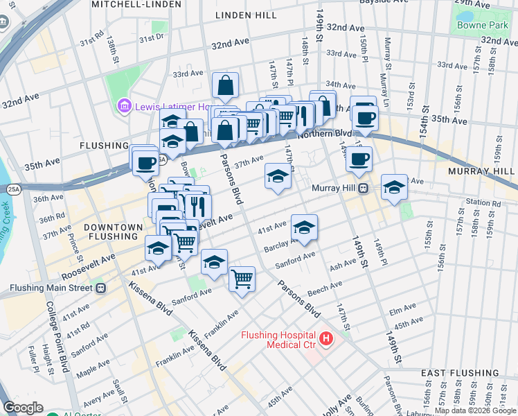 map of restaurants, bars, coffee shops, grocery stores, and more near 144-30 Roosevelt Avenue in Queens