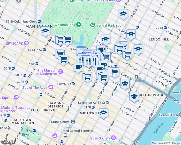 map of restaurants, bars, coffee shops, grocery stores, and more near 575 Madison Avenue in New York