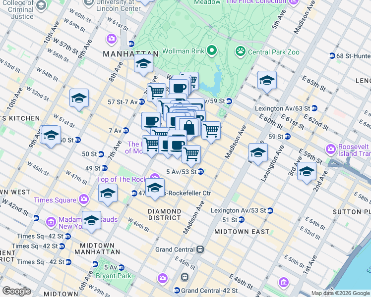 map of restaurants, bars, coffee shops, grocery stores, and more near 45 West 54th Street in New York