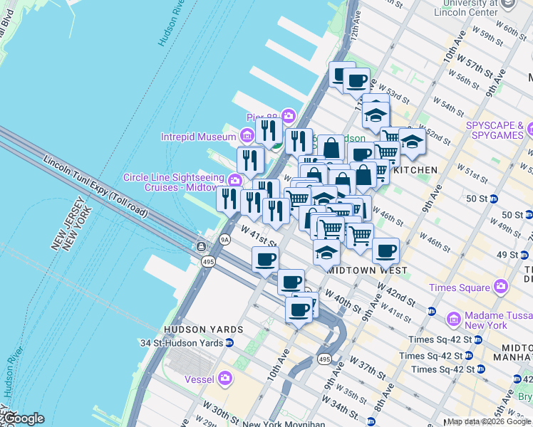 map of restaurants, bars, coffee shops, grocery stores, and more near 635 West 42nd Street in New York