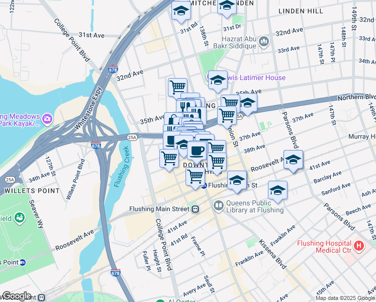 map of restaurants, bars, coffee shops, grocery stores, and more near 36-25 Main Street in Queens