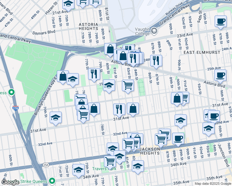 map of restaurants, bars, coffee shops, grocery stores, and more near 25-14 82nd Street in Queens