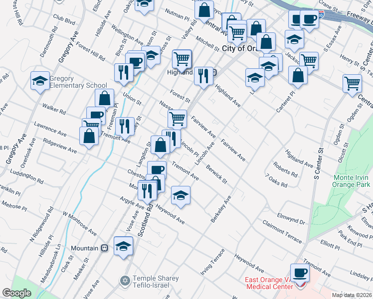 map of restaurants, bars, coffee shops, grocery stores, and more near 490 Hillside Avenue in City of Orange