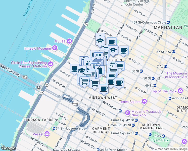 map of restaurants, bars, coffee shops, grocery stores, and more near 456 West 47th Street in New York