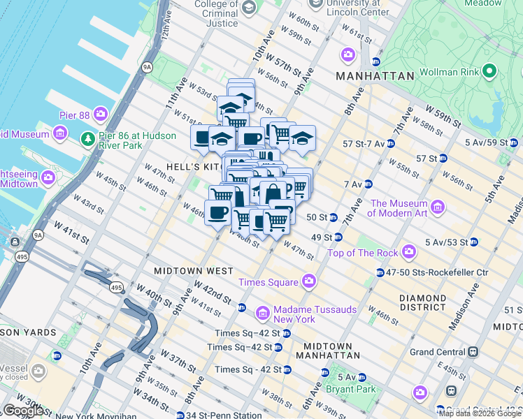 map of restaurants, bars, coffee shops, grocery stores, and more near 355 West 49th Street in New York