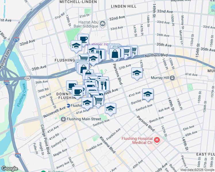 map of restaurants, bars, coffee shops, grocery stores, and more near 143-25 38th Avenue in Queens