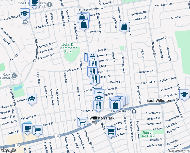 map of restaurants, bars, coffee shops, grocery stores, and more near 25 Harvard Street in Williston Park