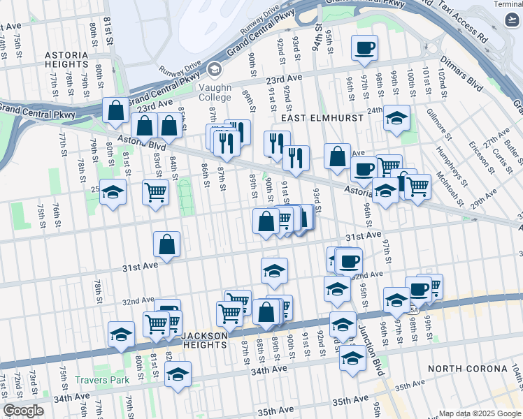 map of restaurants, bars, coffee shops, grocery stores, and more near 30-01 89th Street in Queens