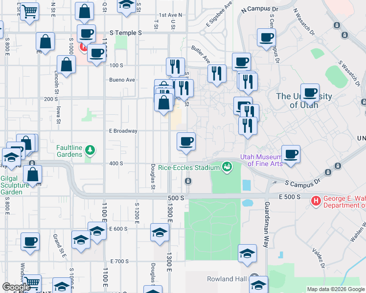 map of restaurants, bars, coffee shops, grocery stores, and more near 332 1400 East in Salt Lake City