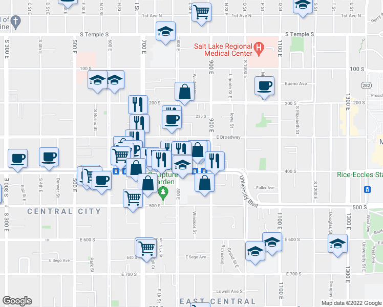 map of restaurants, bars, coffee shops, grocery stores, and more near 834 East 300 South in Salt Lake City