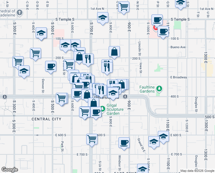 map of restaurants, bars, coffee shops, grocery stores, and more near 310-320 800 East in Salt Lake City