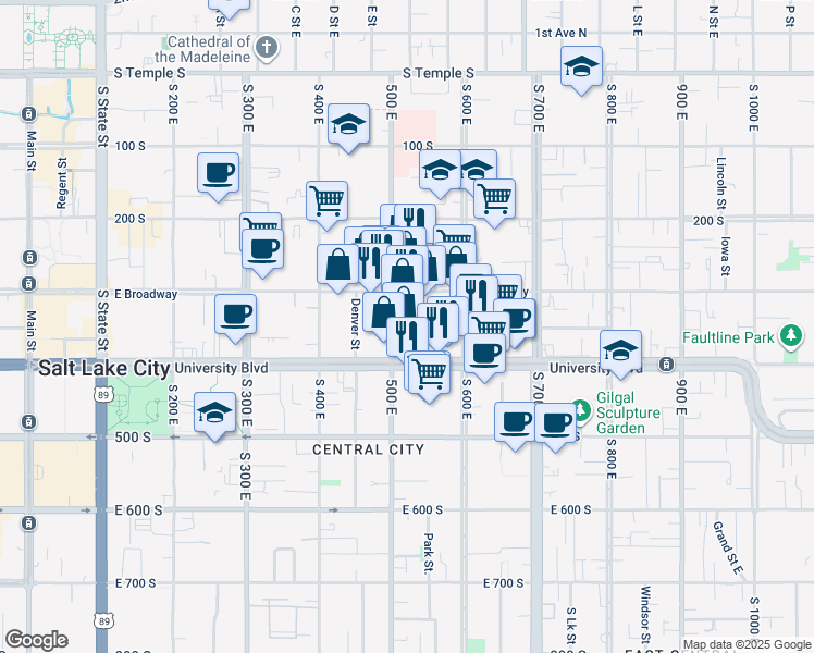 map of restaurants, bars, coffee shops, grocery stores, and more near 516 East 300 South in Salt Lake City