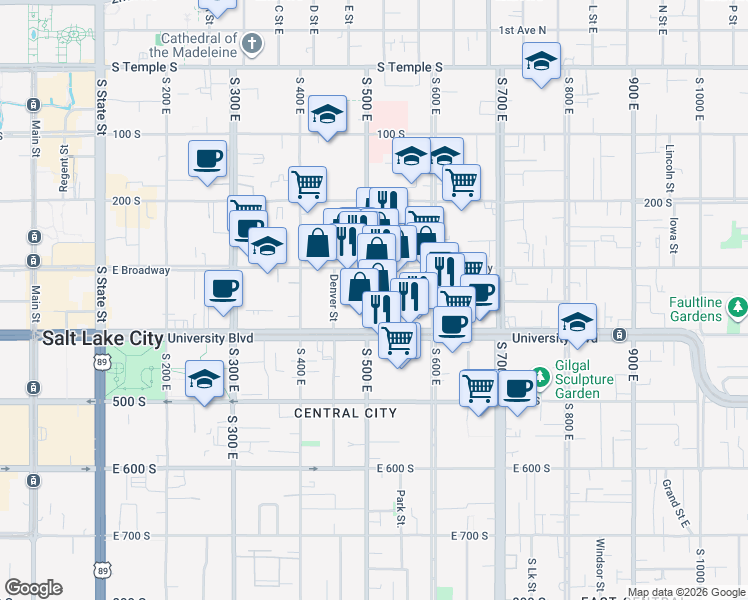map of restaurants, bars, coffee shops, grocery stores, and more near 516 East 300 South in Salt Lake City