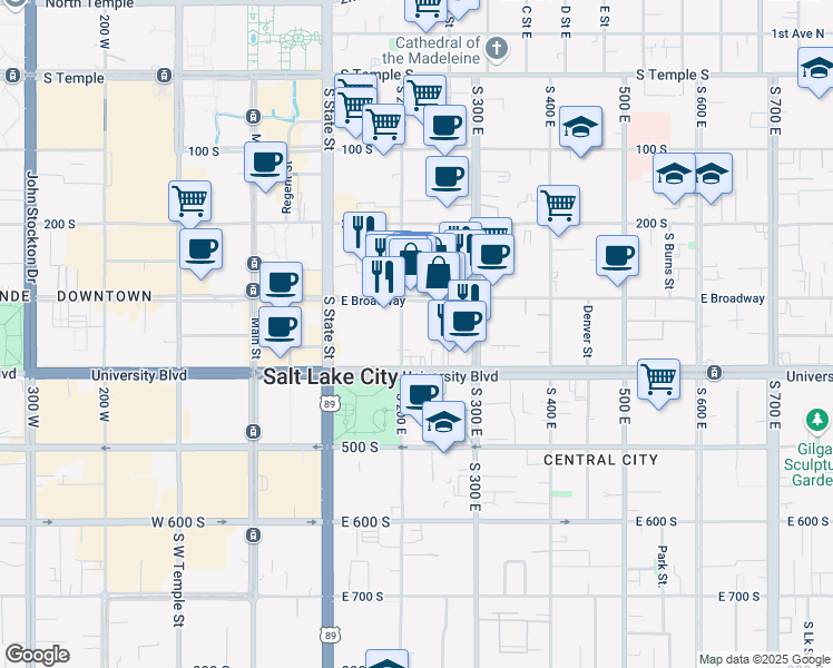map of restaurants, bars, coffee shops, grocery stores, and more near 200 East 300 South in Salt Lake City