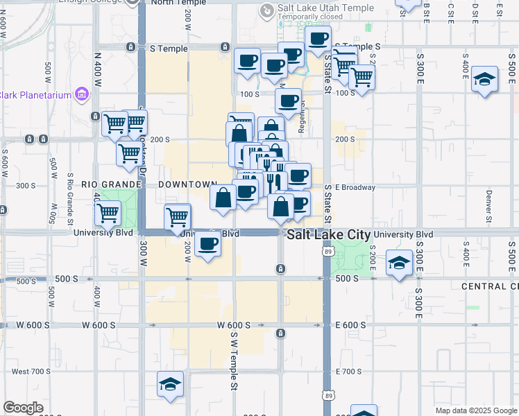 map of restaurants, bars, coffee shops, grocery stores, and more near 35 West Broadway in Salt Lake City