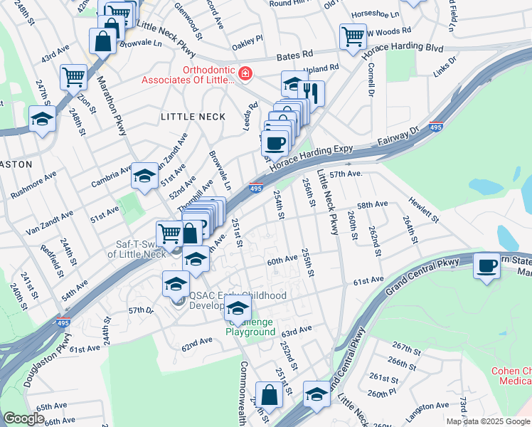 map of restaurants, bars, coffee shops, grocery stores, and more near 254-04 57th Avenue in Queens