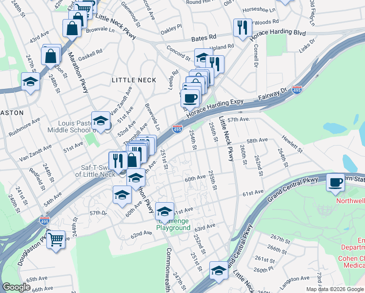 map of restaurants, bars, coffee shops, grocery stores, and more near 252-00 Horace Harding Expressway in Queens