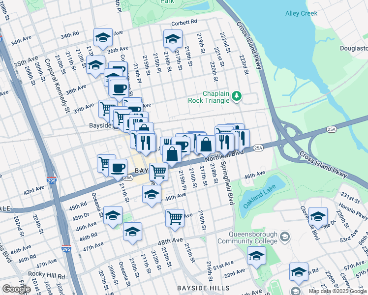 map of restaurants, bars, coffee shops, grocery stores, and more near 216-17 43rd Avenue in Queens