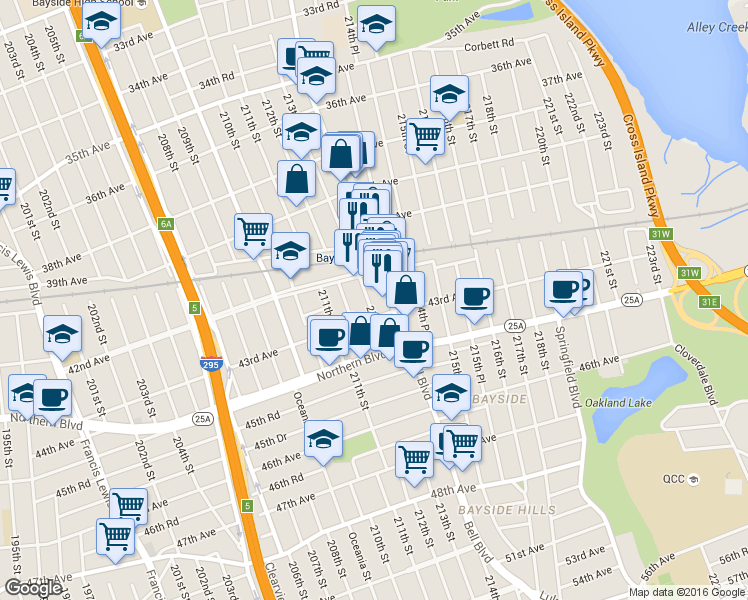 map of restaurants, bars, coffee shops, grocery stores, and more near 212-16 42nd Avenue in Queens
