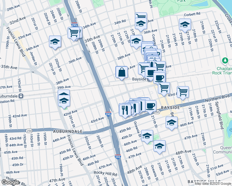 map of restaurants, bars, coffee shops, grocery stores, and more near 40-05 209th Street in Queens