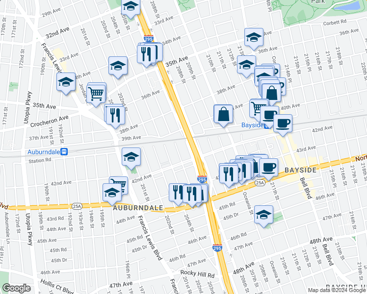 map of restaurants, bars, coffee shops, grocery stores, and more near 3926 Clearview Expressway Service Road in Queens
