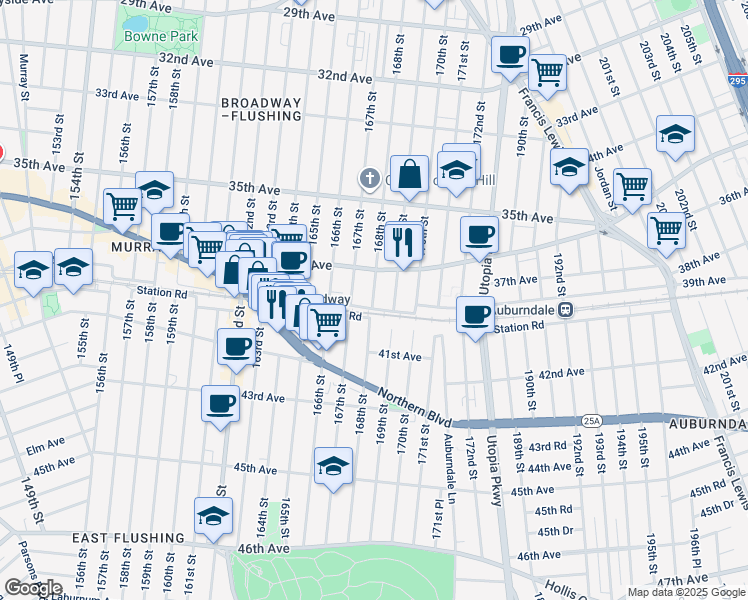 map of restaurants, bars, coffee shops, grocery stores, and more near 167-10 Crocheron Avenue in Queens