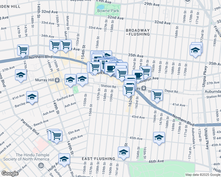 map of restaurants, bars, coffee shops, grocery stores, and more near 40-32 158th Street in Queens