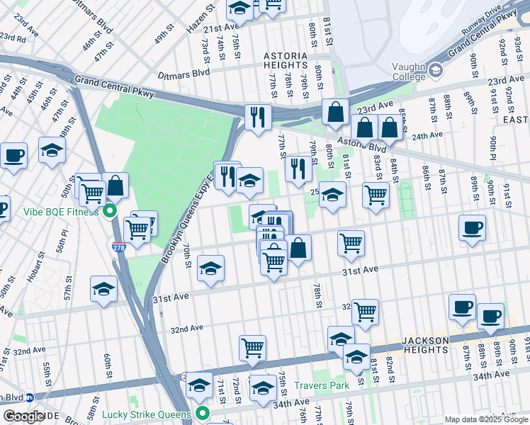 map of restaurants, bars, coffee shops, grocery stores, and more near 25-01 75th Street in Queens