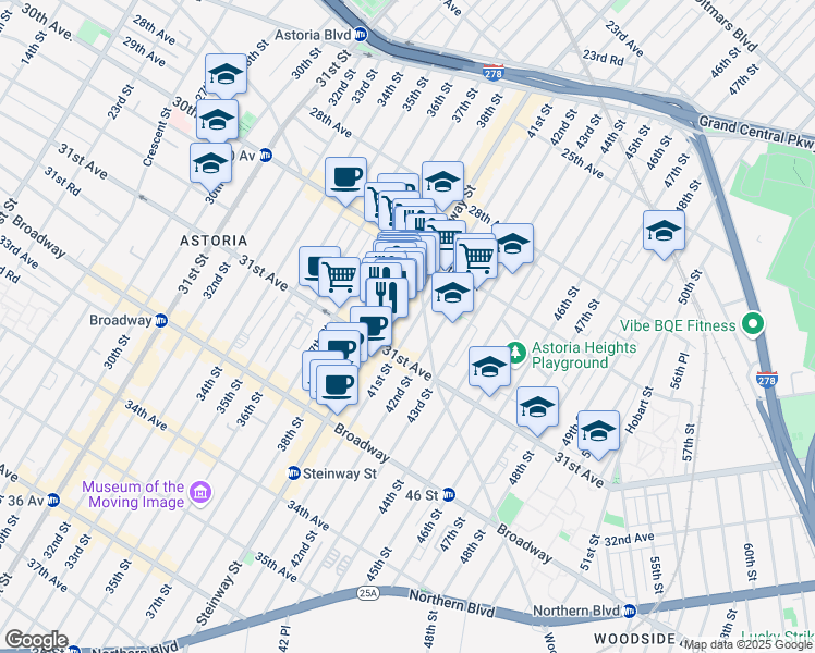map of restaurants, bars, coffee shops, grocery stores, and more near 30-49 Steinway Street in Queens