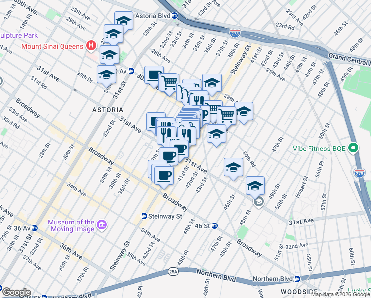 map of restaurants, bars, coffee shops, grocery stores, and more near 38-05 31st Avenue in Queens