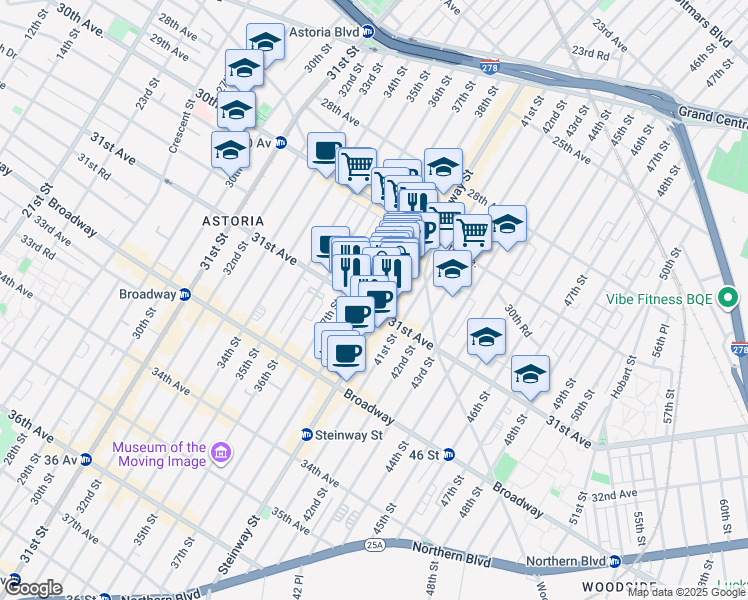 map of restaurants, bars, coffee shops, grocery stores, and more near 38-05 31st Avenue in Queens