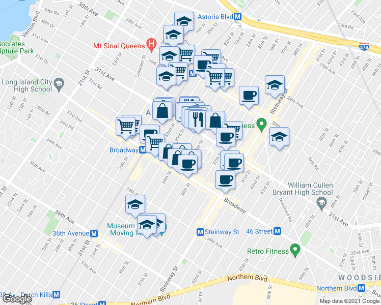 map of restaurants, bars, coffee shops, grocery stores, and more near 31-23 34th Street in Queens