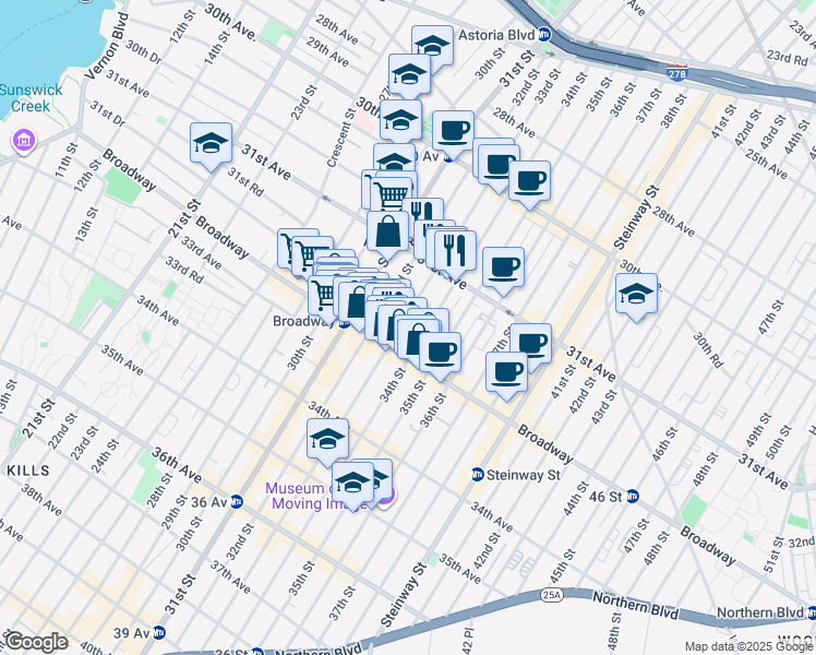 map of restaurants, bars, coffee shops, grocery stores, and more near 31-40 33rd Street in Queens