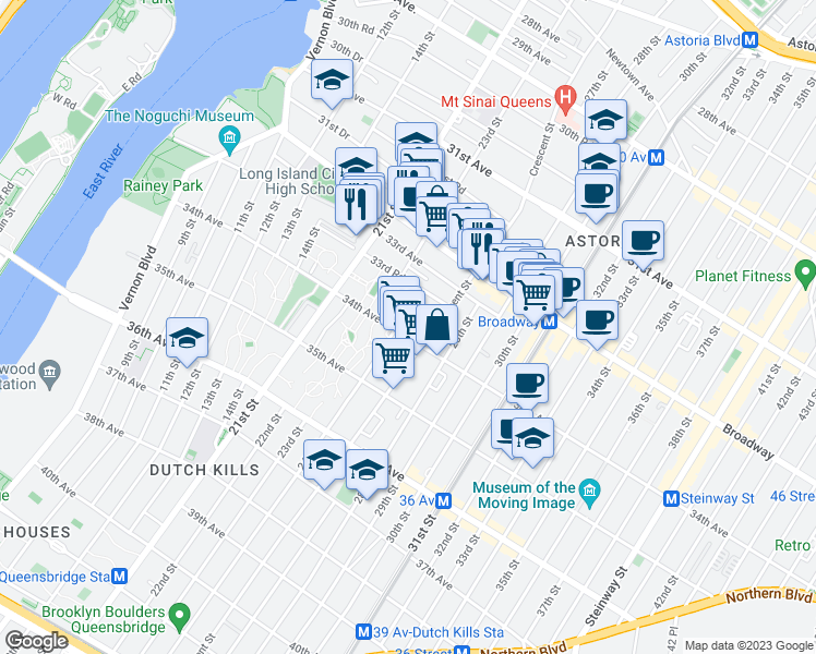 map of restaurants, bars, coffee shops, grocery stores, and more near 21-80 33rd Road in Queens