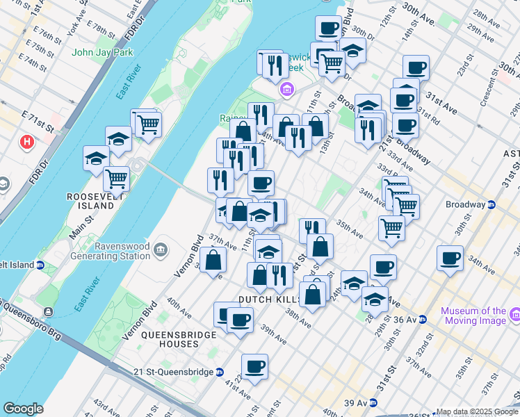 map of restaurants, bars, coffee shops, grocery stores, and more near 10-06 35th Avenue in Queens
