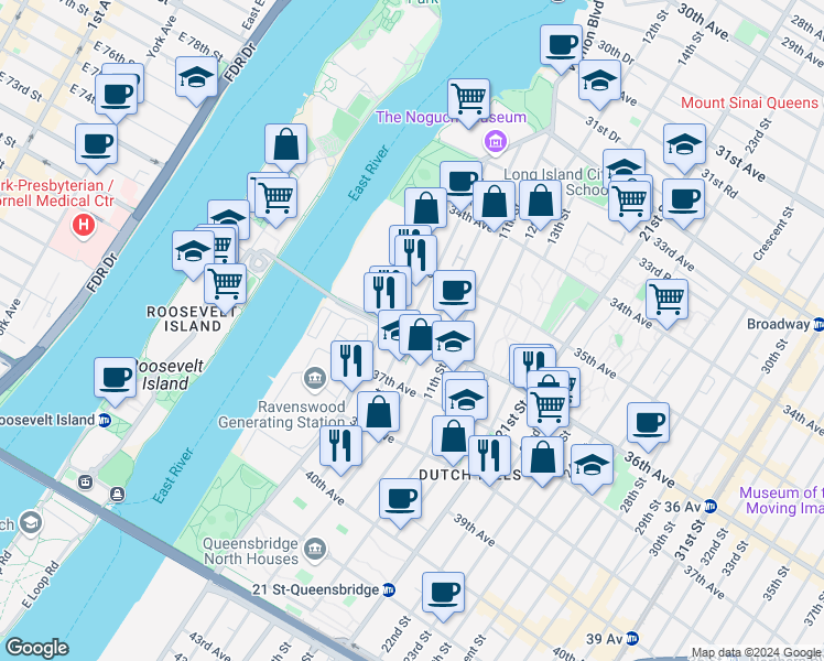 map of restaurants, bars, coffee shops, grocery stores, and more near 35-39 9th Street in Queens