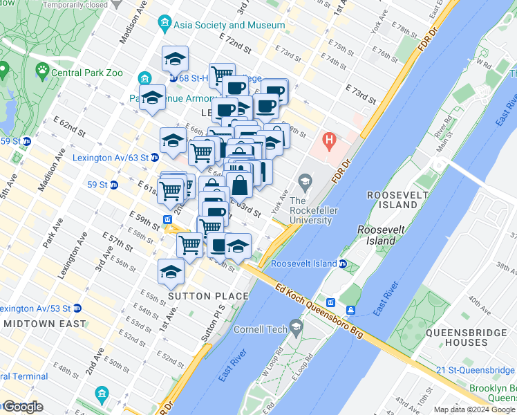 map of restaurants, bars, coffee shops, grocery stores, and more near 403 East 64th Street in New York