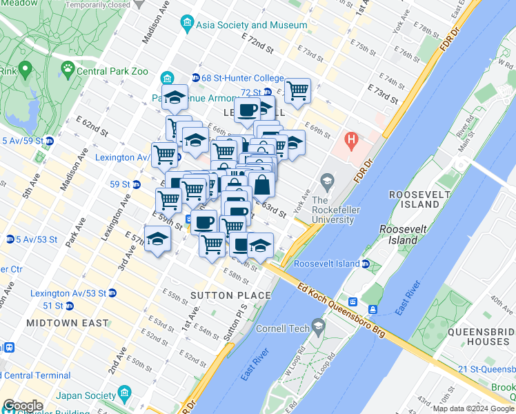 map of restaurants, bars, coffee shops, grocery stores, and more near 353 East 63rd Street in New York
