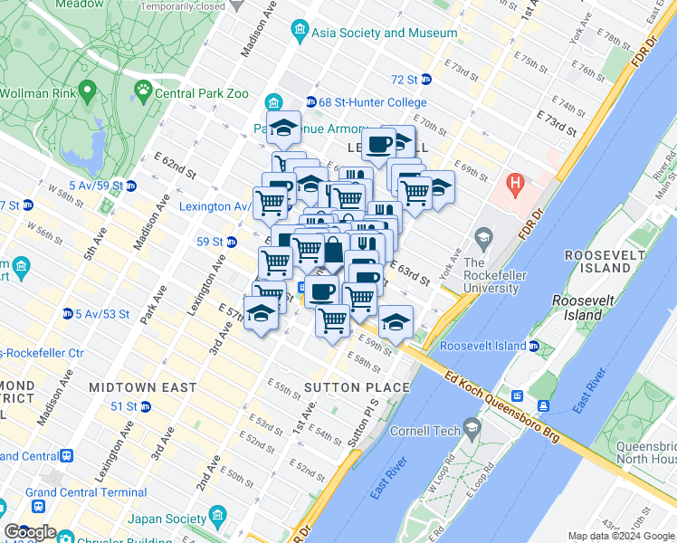 map of restaurants, bars, coffee shops, grocery stores, and more near in New York