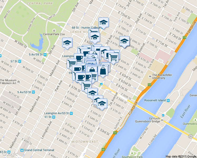 map of restaurants, bars, coffee shops, grocery stores, and more near 210A East 61st Street in New York