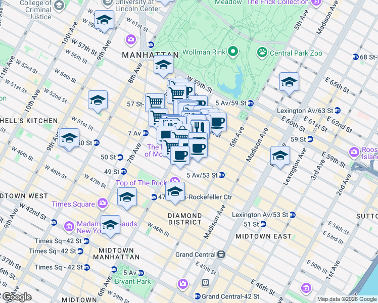 map of restaurants, bars, coffee shops, grocery stores, and more near 1361 6th Avenue in New York