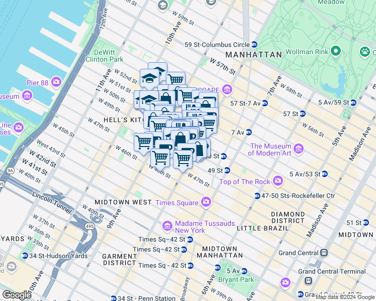 map of restaurants, bars, coffee shops, grocery stores, and more near 350 West 50th Street in New York