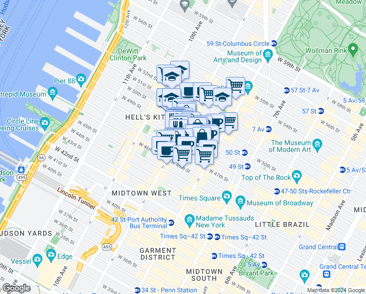 map of restaurants, bars, coffee shops, grocery stores, and more near 355 West 49th Street in New York