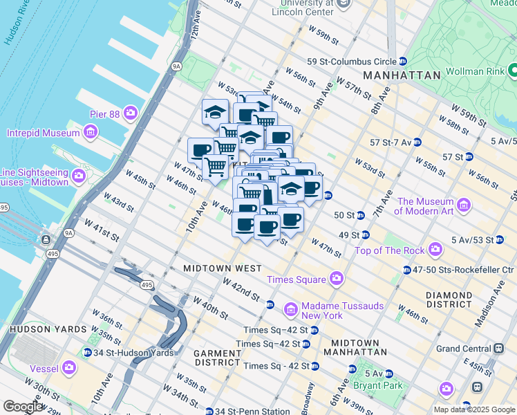 map of restaurants, bars, coffee shops, grocery stores, and more near in New York