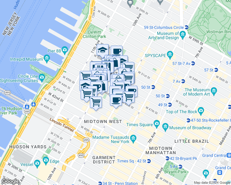 map of restaurants, bars, coffee shops, grocery stores, and more near 447 West 47th Street in New York