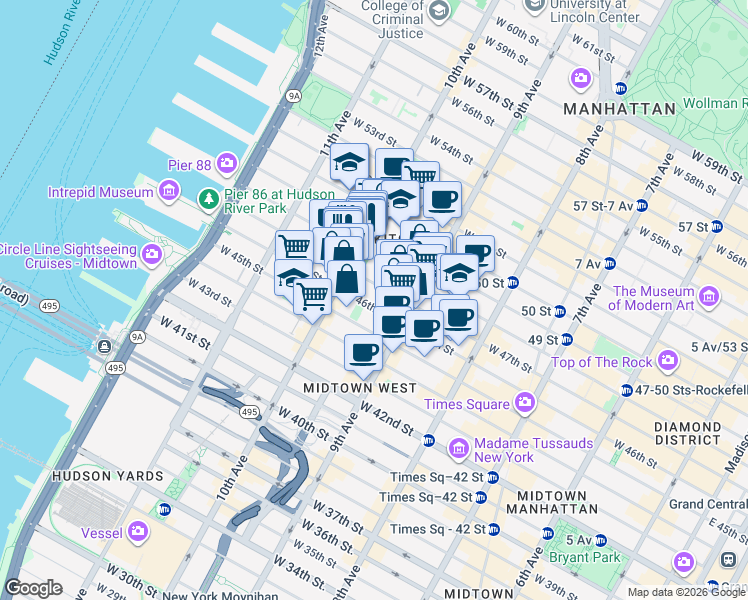 map of restaurants, bars, coffee shops, grocery stores, and more near 447 West 47th Street in New York
